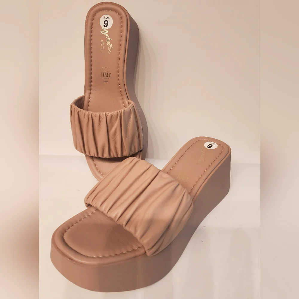 Seychelles Ruched Slide Platform Sandals in Tan